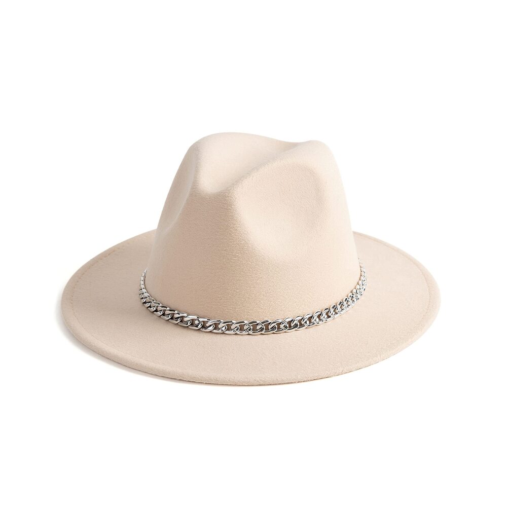 7806 Wide Brim Fedoran Hat with Chain Belt Buckle -F-Beige